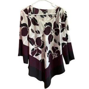 Alfani Women's Petite 6P PLUM LINE/Black Geometric Print Angled-Hem Blouse Top
